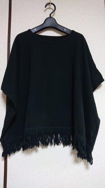 裾フリンジカットソー Tシャツ ノースリーブ フレンチスリーブ ドロップショルダー ポンチョ ゆったり オーバーサイズ 体型カバー