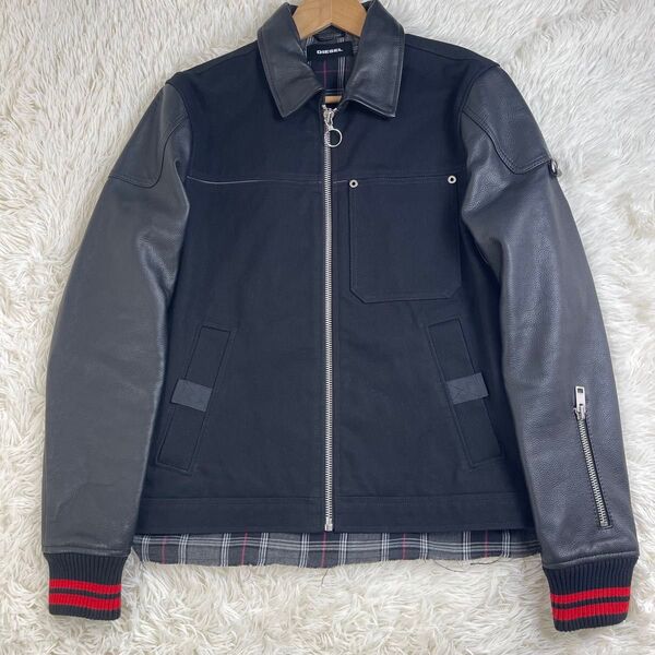 美品 DIESEL ディーゼル レザー切り替え スタジャン 黒 L 定価7万超 ジャケット アウター ジップアップ メンズ