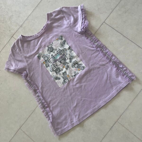 美品★メゾピアノ mezzo piano くま柄 フレンチ袖 チュール 半袖Tシャツ パープル紫 140 フリル袖 子供服 キッズ