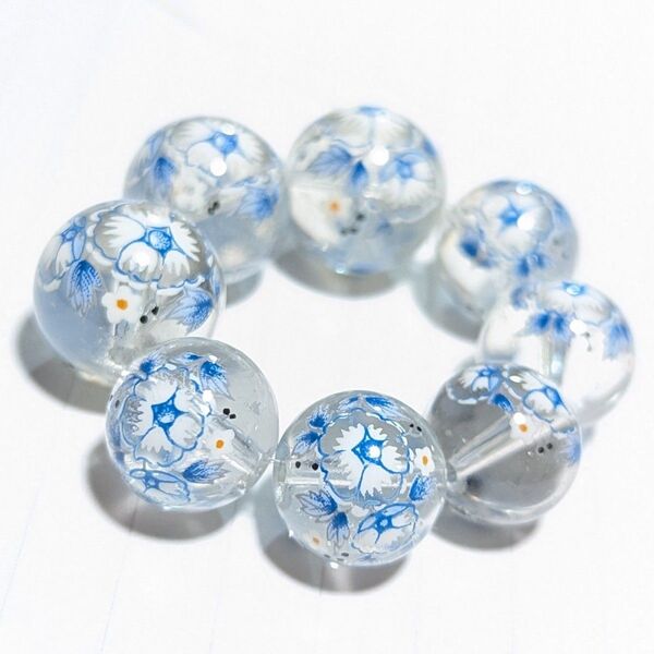 ●14・12mm●朝顔プリント水晶8粒セット●アヤカすぺしゃる●天然石パワーストーンハンドメイド素材●