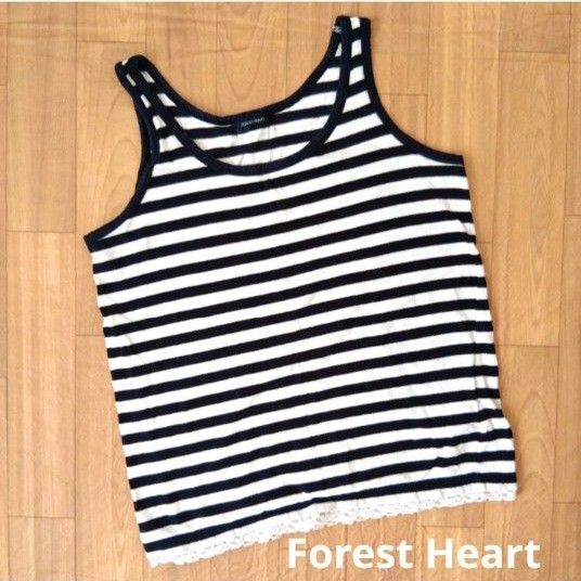 Forest Heart タンクトップ М 黒 白 ボーダー レース ラメ入り
