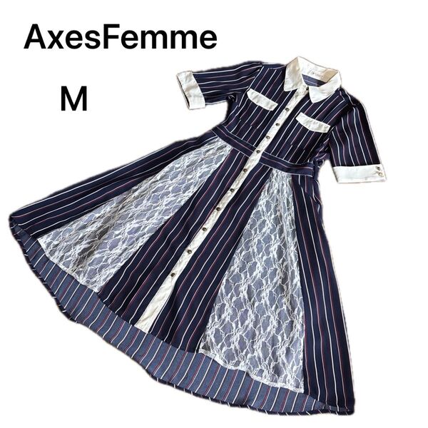 Axes Femme ストライプ×レース ドッキングワンピース M ネイビー