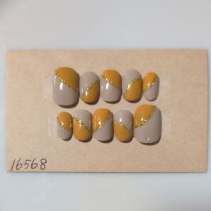 【現品】ジェルネイルチップ ベリーショートバイカラーマスタードベージュ夏ネイル個性派#392