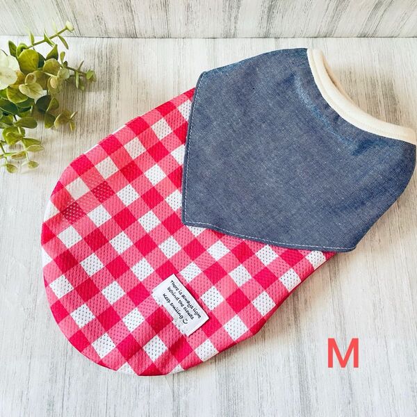 ハンドメイド★犬の服M(メッシュニット/チェック)littlechum バンダナ付き ペットウェア