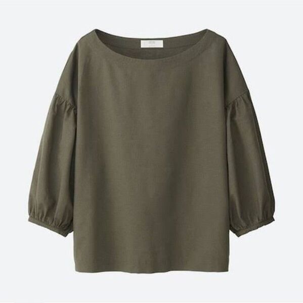 ユニクロ コットンリネンTブラウス (七分袖) M カーキ 美品