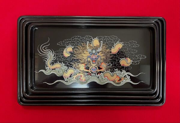 中国美術 龍吐珠紋樣 漆器 木製 漆塗り お盆 角盆 茶托盤セット 茶道具