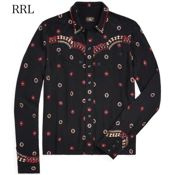 RRL ダブルアールエル ラルフローレン エンブロイダリー ジョーゼット ウエスタンシャツ パイピング 刺繍 ブラウス ブラック