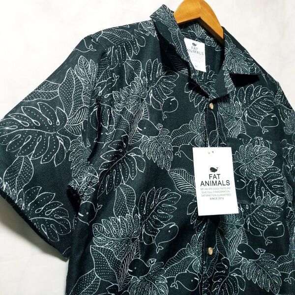 FAT animals 新品 シャツ 半袖 総柄 パナマ織り Mサイズ 黒色
