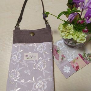 スマホポーチ スマホポシェット スマホショルダー 刺繍生地 ピンク花柄 ブラウン ハンドメイド