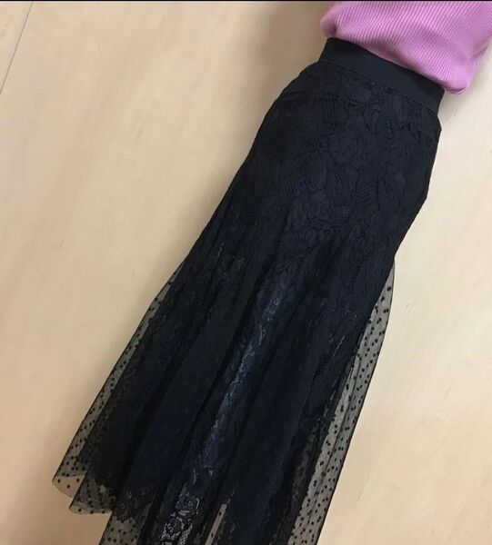 黒系レース ロングスカート 水玉 タイトスカート ブラック