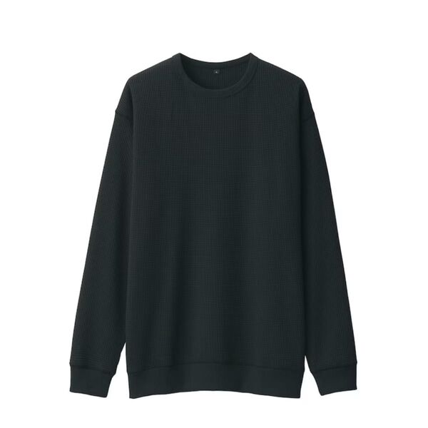 無印良品 MUJI UVカット乾きやすいワッフルクルーネック長袖Tシャツ 紳士 黒 XL