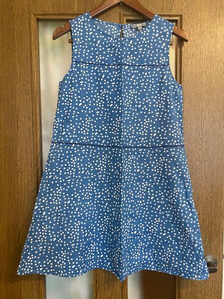 【ユニクロ】 ノースリーブワンピース M ドット Aライン 水色系 麻綿