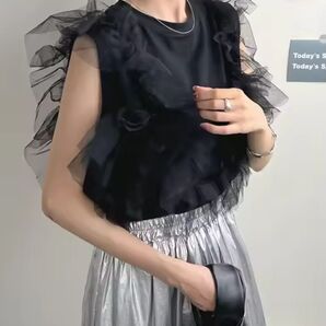 チュールレース フリル 3way タンクトップ ブラック プルオーバー レディース ファッション トップス