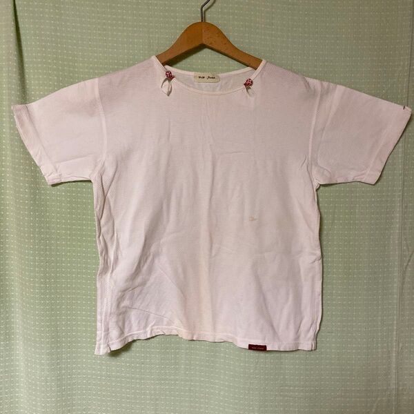 Tシャツ 半袖 カットソー 白 ホワイト 無地 コットン 綿 赤色ボタン
