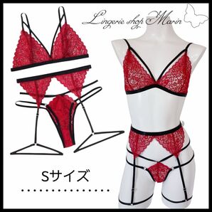 BS-32/レッド×ブラックのブラショーツとガーターリング付きランジェリー 透け感 エロかわ 下着 Tバック セクシーランジェリー