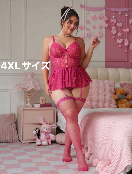 BD-40/ショーツ一体型のベビードール /セクシーランジェリー/ピンク/ドット/ゆったりサイズ/4XL