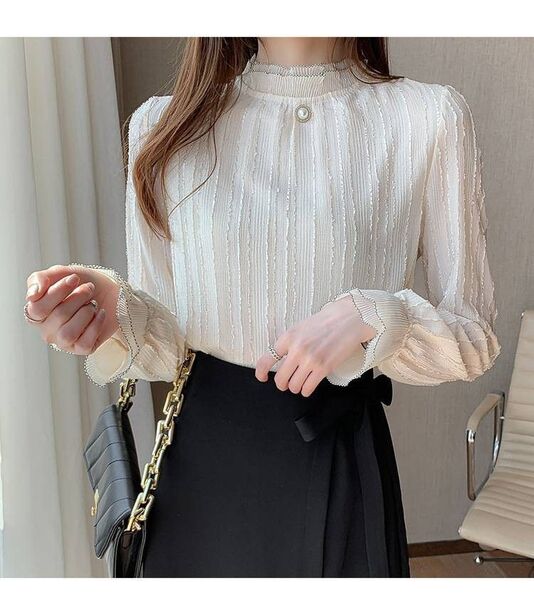 話題のブラウス 長袖 レース シャツ レディース トップス フリル 立ち襟 女性らしい 可愛い 着痩せ 長袖Mサイズ