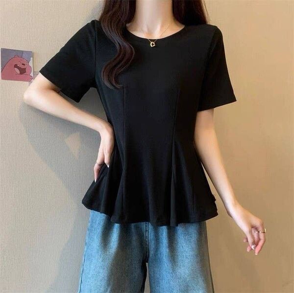 サマー tシャツ レディース ブラウス 半袖 夏 着痩せ ゆったり フリルシャツ おしゃれ 可愛い Lサイズ