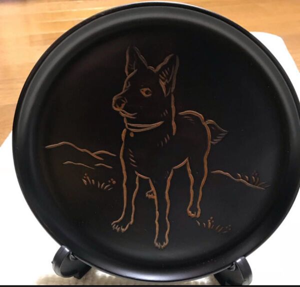 日光彫り お盆 柴犬 丸盆 工芸品 木製