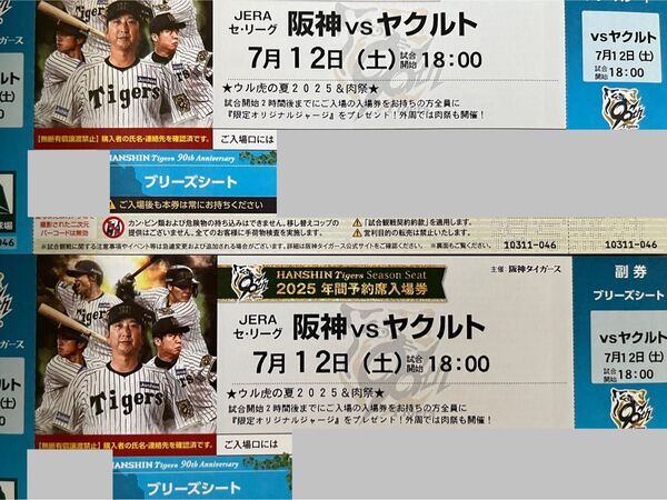 阪神タイガース 甲子園 阪神 vs ヤクルト 7月12日(土)ブリーズシート 2枚 雨天保証あり