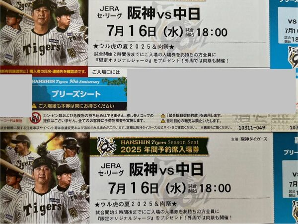 阪神タイガース 甲子園 阪神 vs 中日 7月16日(水)ブリーズシート 2枚 雨天保証あり
