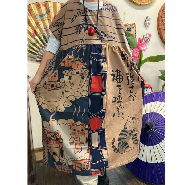猫柄と草津温泉の手ぬぐいと浴衣の柿渋染めロングチュニック 手ぬぐいリメイク