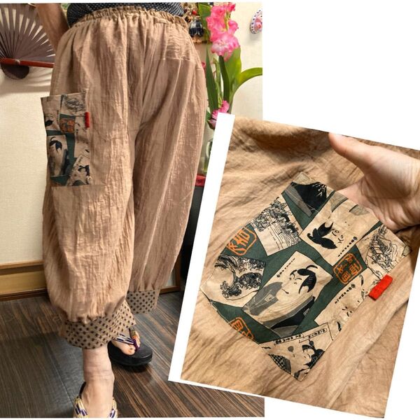 木綿(2重ガーゼ)の柿渋染めゆったりハーフパンツ ハンドメイド