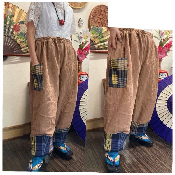 木綿(2重ガーゼ)の柿渋染めと古布(チェック柄)のパンツ ハンドメイド