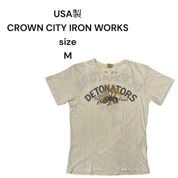USA製CROWN CITY IRON WORKS Tシャツ Mオフホワイト両面プリントシングルステッチ