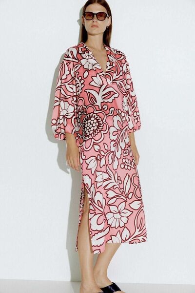 ZARA とろみ素材 フラワープリント 花柄 総柄 ロングワンピース ピンク系