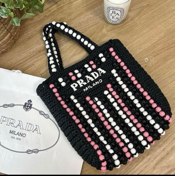 PRADA プラダ ラフィアウッドビーズトートバッグ 1BG425 かごバッグ