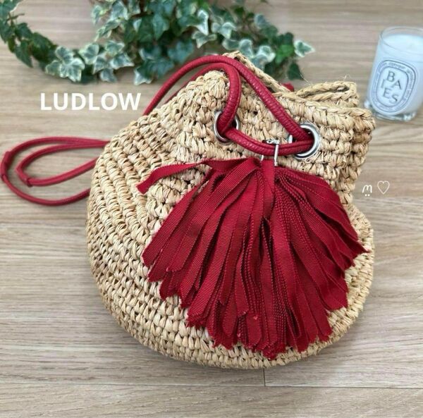 LUDLOWラドロー ラフィアタッセルポシェット ショルダー かごバッグ レッド