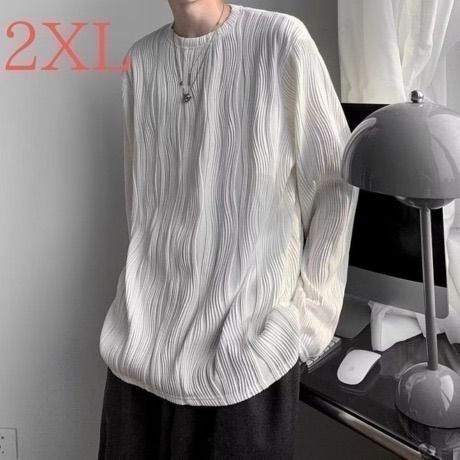 【残りわずか】ホワイト 2XL ストリート系メンズ ロンT プリーツ加工