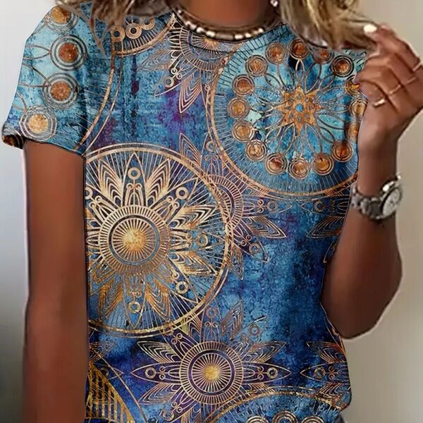 マンダラ柄半袖Tシャツ ブルー エスニック調