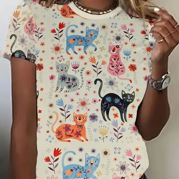 ゆったり 花柄猫 半袖Tシャツ