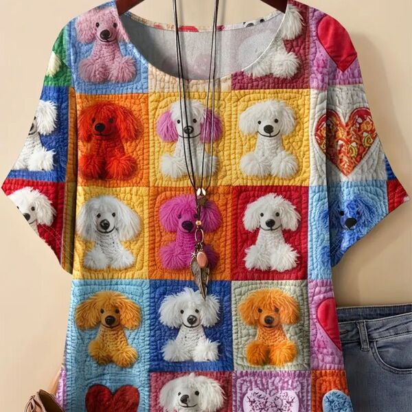 ゆったり 犬柄 パッチワーク風 半袖Tシャツ 3dプリント