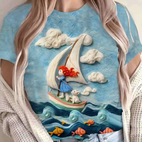 女の子とわんことヨット 半袖Tシャツ 3dプリント