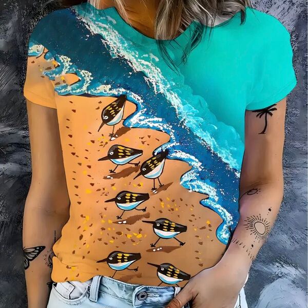 海辺の鳥柄 半袖Tシャツ 3dプリント