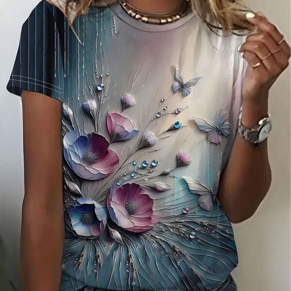 花柄と蝶々 半袖Tシャツ デジタル3dプリント