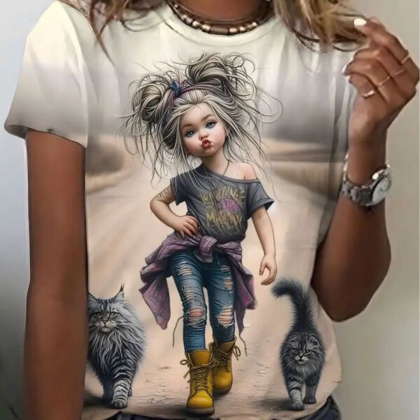 女の子と猫プリント柄 半袖Tシャツ 個性的
