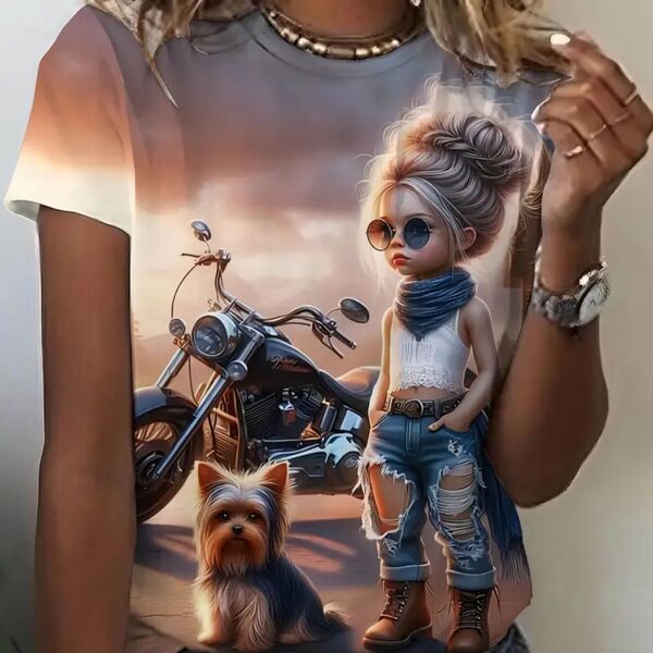 女の子とバイク柄 半袖Tシャツ 個性的