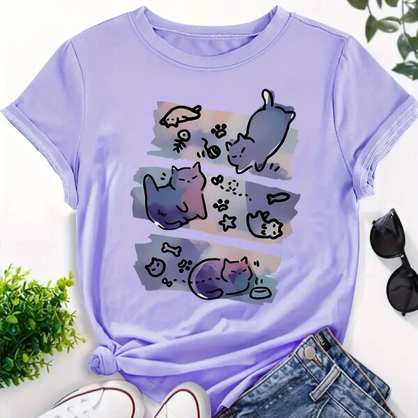 猫柄 半袖Tシャツ ライトパープル