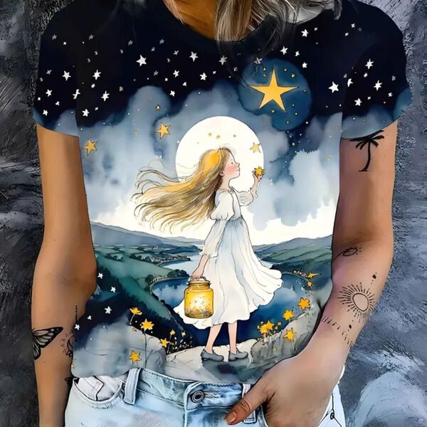 女の子と星空と月柄 半袖Tシャツ