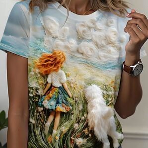 散歩中の少女と犬 半袖Tシャツ 3dプリント