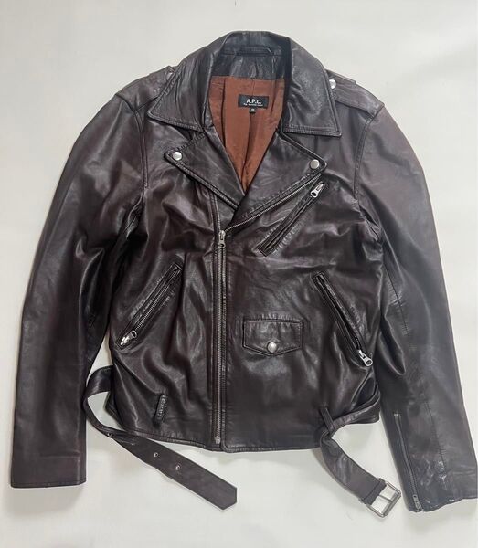 A.P.C. ラムスキン レザー ダブル ライダース ジャケット アーペーセー ブラウン 茶 XS Mens