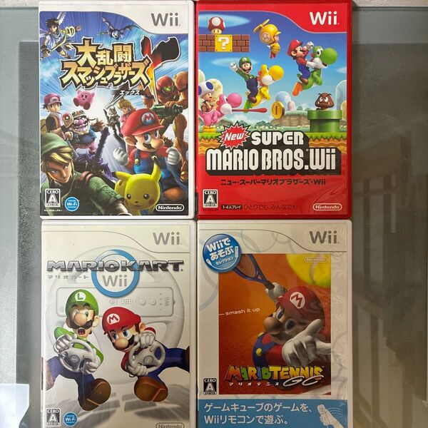 【マリオ関連Wiiソフト4本セット】大乱闘スマッシュブラザーズX ニュースーパーマリオブラザーズ マリオカート マリオテニス