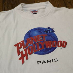 90s PLANET HOLLYWOOD PARIS Tシャツ M ホワイト プラネットハリウッド ロゴ 半袖 企業 レストラン ヴィンテージ