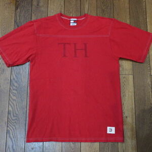 90s USA製 TOMMY HILFIGER Tシャツ L レッド フットボール ロゴ 半袖 トミーヒルフィガー ヴィンテージ