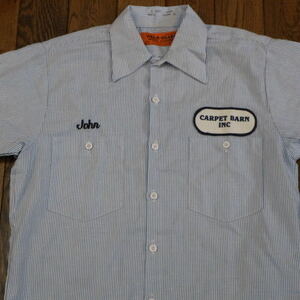 80s~ USA made work shirt stripe button down S blue Wear-Guard Work Clothes short sleeves embroidery badge Hickory Vintage 