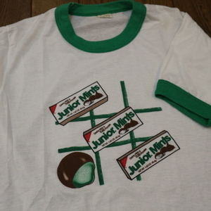 80s USA製 Junior Mints リンガー Tシャツ S ホワイト グリーン ScreenStars チョコレート スナック お菓子 企業 ロゴ ヴィンテージ